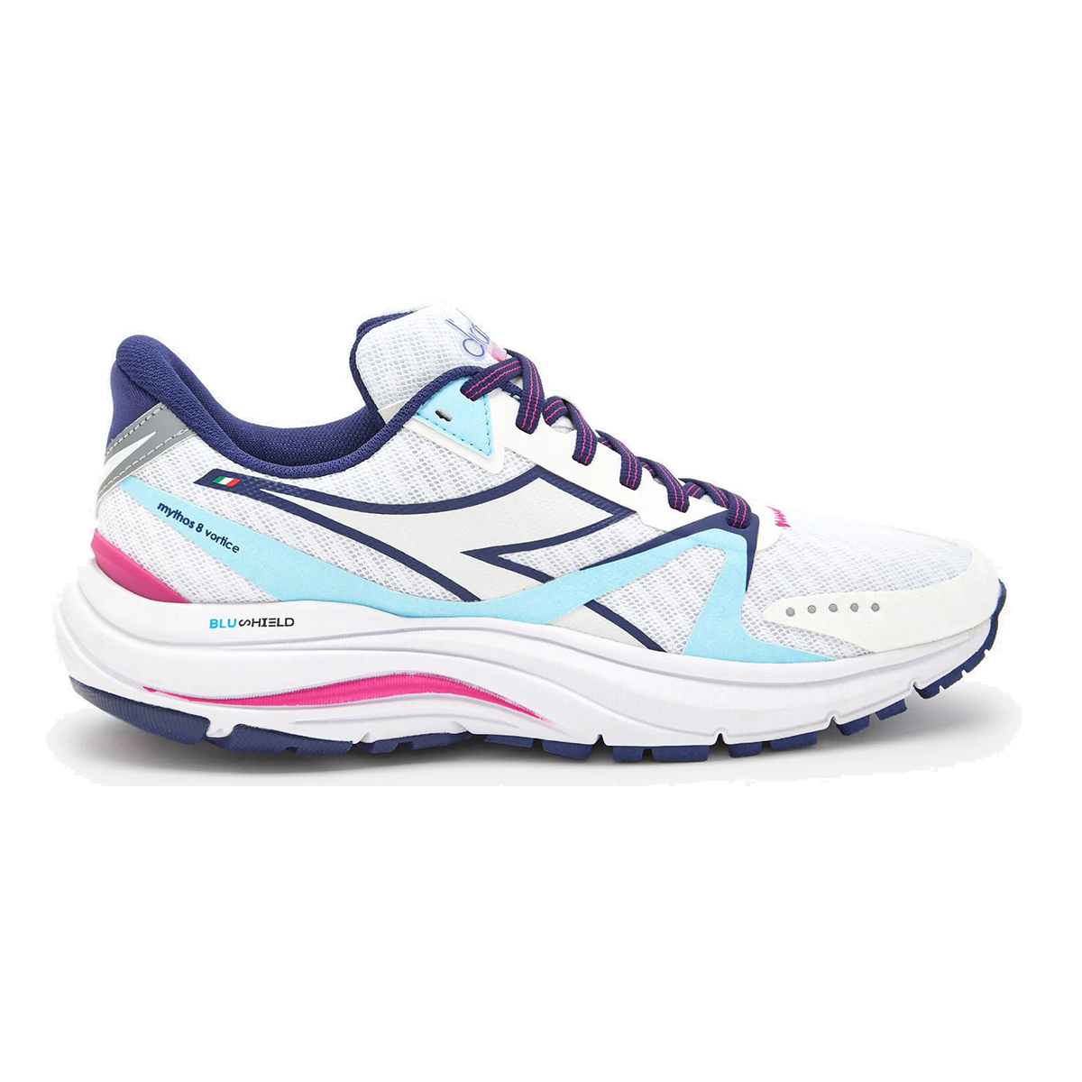 Diadora Mythos Blushield 8 Vortice — Pink Yarrow - White - Blue — Size B — Width 10 — Top View