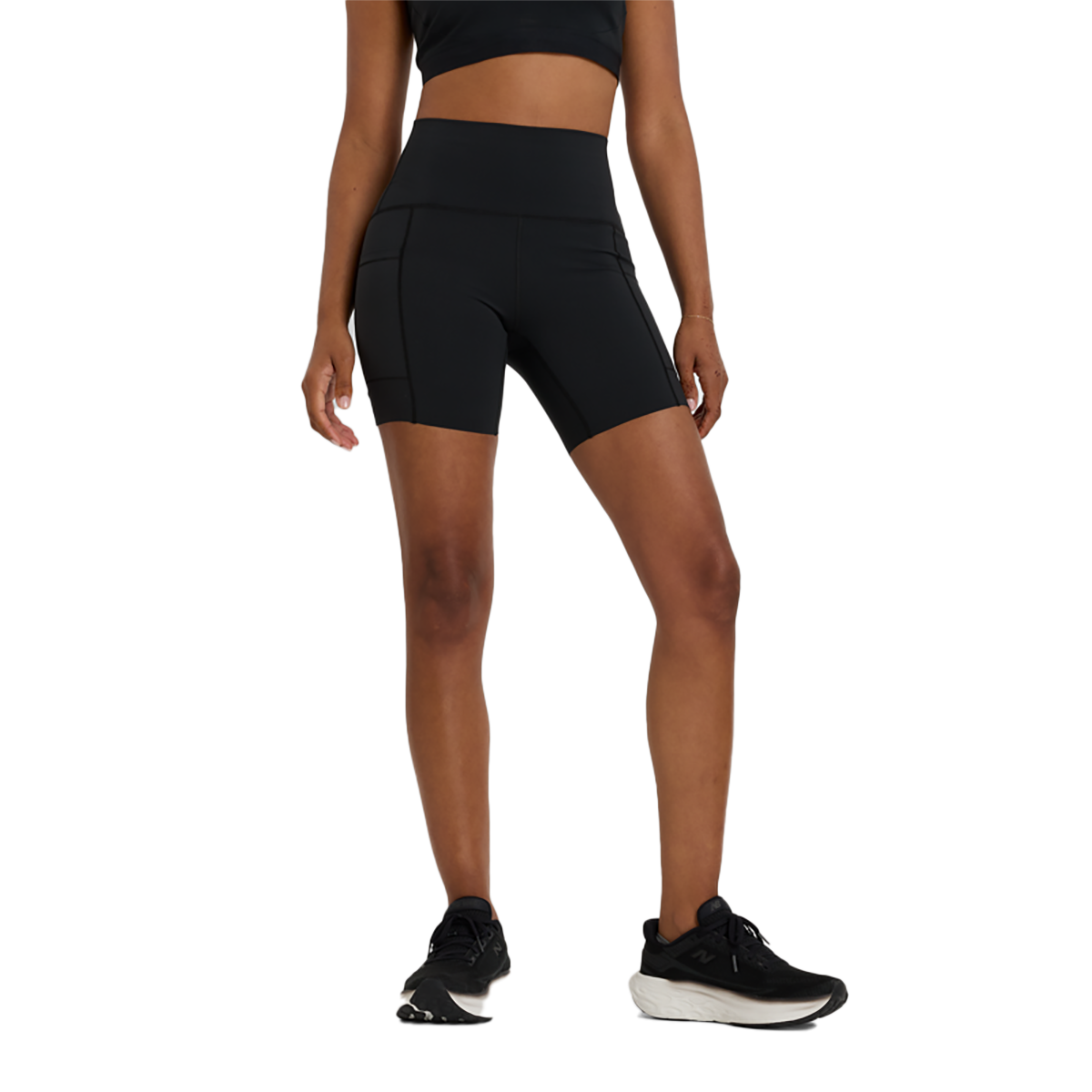New Balance Sleek Pocket High Rise Short 6 — Bk Black — Size XSmall — Front View