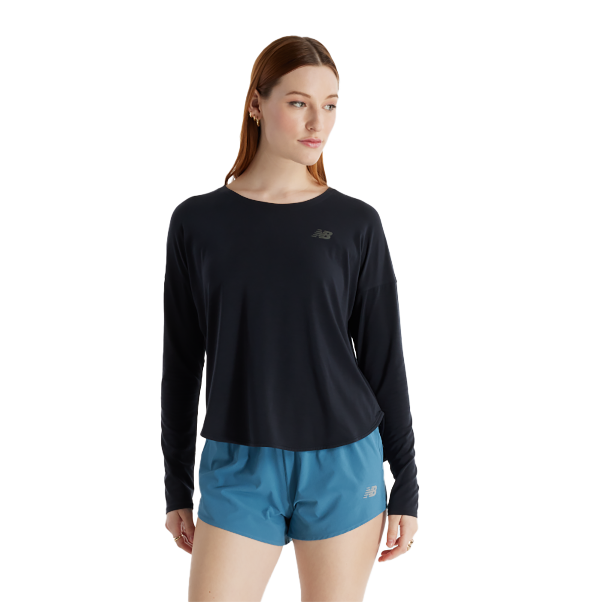 New Balance Drapey Jersey Long Sleeve T-Shirt — Black — Size Large — Front View